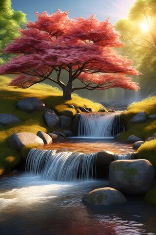 Dogwood Tree Waterfall Stream Sunrise Vivid Colors