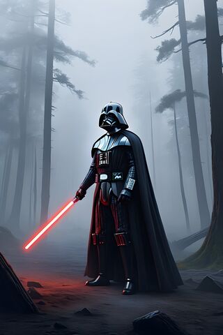 Darth Vader With Light Saber Realistic Fog