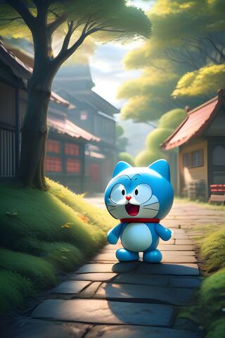 Doraemon On A Wooden Platform In Front Of A House