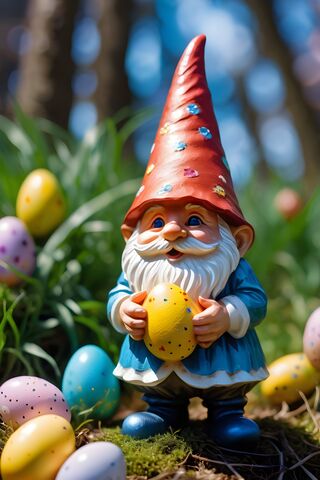 Whimsical Garden Gnome with Easter Eggs