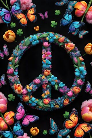Flowery Peace Sign With Butterflies Around