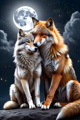 Fox and Wolf Sitting Together In Front Of Moon