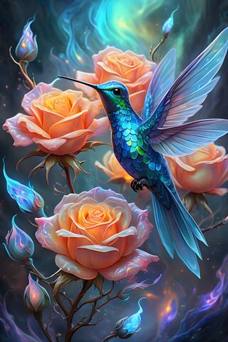 Fire Opal Roses and Blue Iridescent Hummingbird