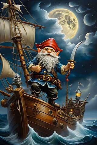 Garden Gnome Ninja On Rooftop, Night, Moon, Post Impressionism