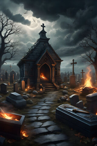 Graveyard With Bonfire In Cemetery Building