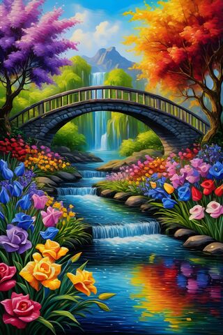 Gorgeous Oil Rendering Of Flower's, Bridge & Waterfall's
