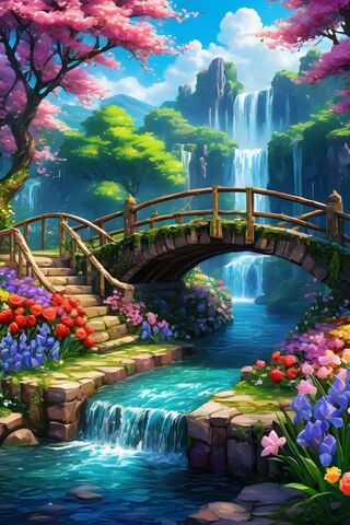 Gorgeous Oil Rendering Of Flower's, Bridge & Waterfall's 2