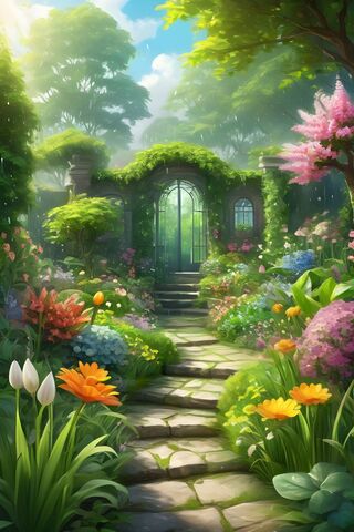 Green Garden In Spring With Flowers and Rain