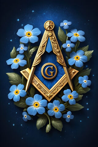 Gold Masonic Emblem With Blue Forget Me Not Flowers