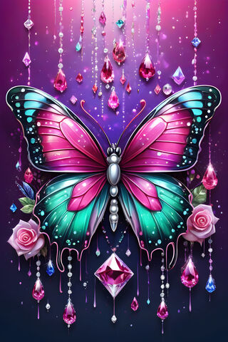 Gorgeous Green, Blue & Pink Butterfly, Dripping Gems and Roses