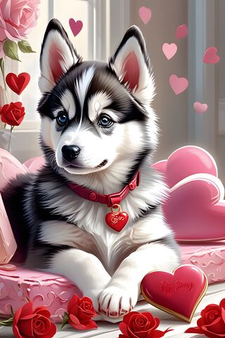 Huskey With Flowers and Hearts