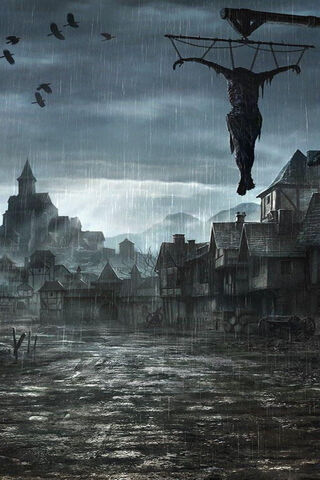 Dark and Gloomy Village Scene 🌧️🏰