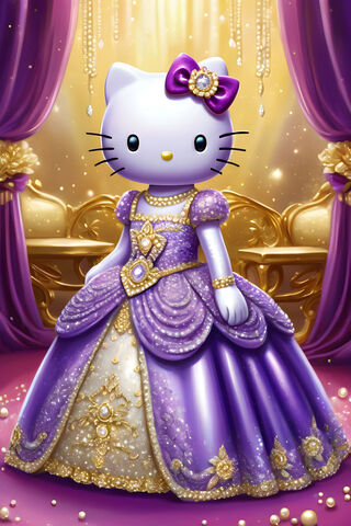 Hello Kitty In Sparkly Gold & Purple Gown, Gold Background