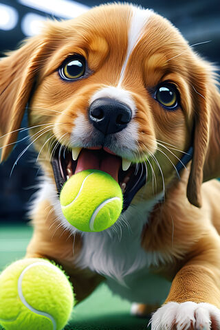 Playful Pup with Tennis..