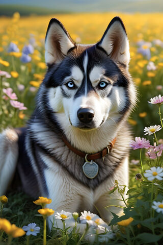 Huskey In A Field Of Flowers