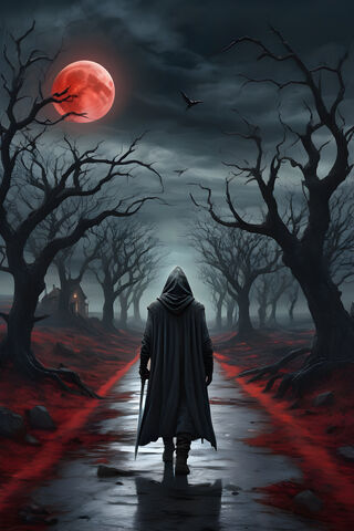 Hooded Figure Walking Alone On Stone Road