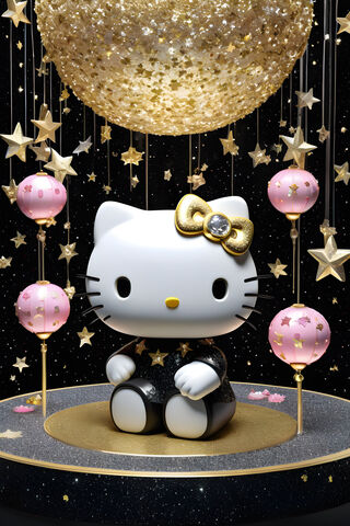 Hello Kitty, 3D, Black, Gold Stars, Beautifully Crafted,