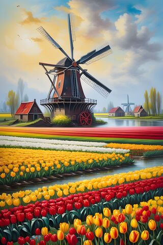 Vibrant Tulip Fields and a Classic Windmill 🌷🌅