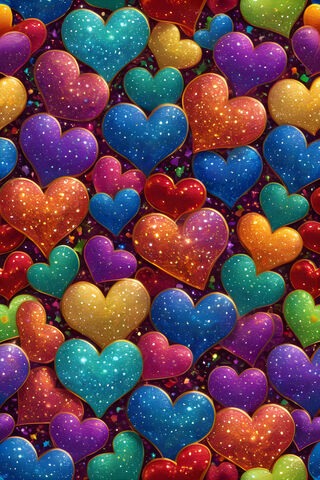 Highly Glittery Multicolored Hearts, Detailed Swirls