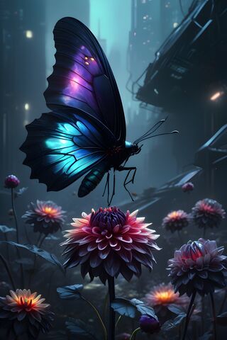 Iridescent Butterfly & Dahlias In A Dark Sci-Fi Landscape