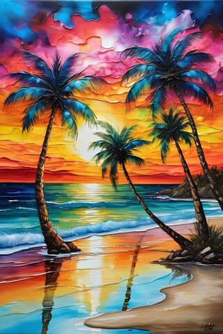 Ink Paint Tropical Island Sunset
