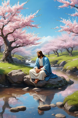 Jesus Siting On A Stone Near The Stream