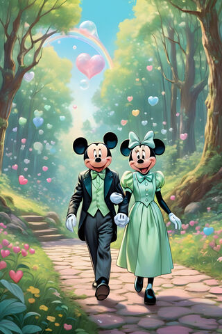 Just Married Mickey and Minnie Mouse In Formal Clothes, Green & Black