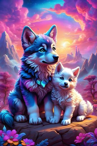 Lisa Frank Style Baby Wolf Dog Puppies