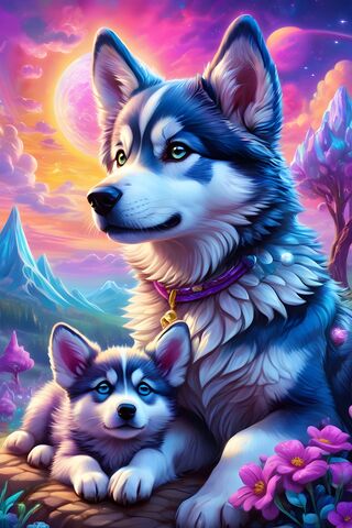 Lisa Frank Style Baby Husky Puppies