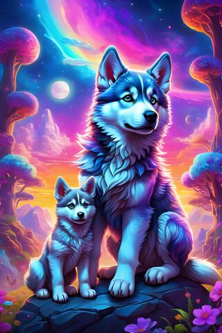 Lisa Frank Style Baby Wolf Dogs