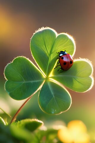 Lady Bug On Clover For Good Luck With