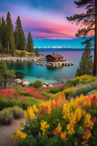 Lake Tahoe With Flowers