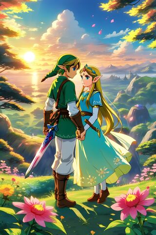 Link Ans Zelda Holding Hands On A Hill
