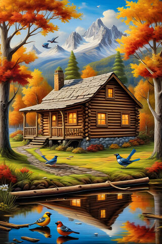 Log Cabin With Birds Scenery