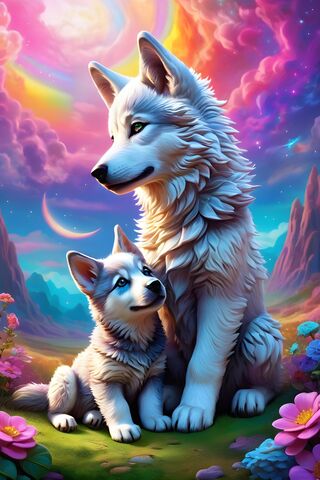 Lisa Frank Style Baby Wolf Dog Puppies