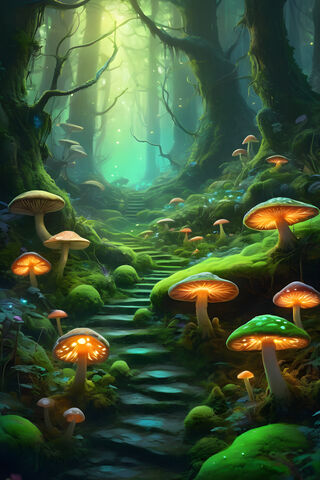 Mushroom Brick Road, Green, Moss, Shrooms