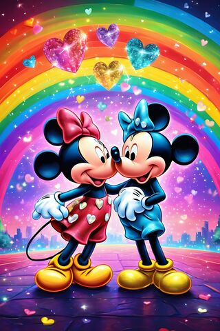 Mickey & Minnie Kissing Under Rainbow & Glittering Hearts