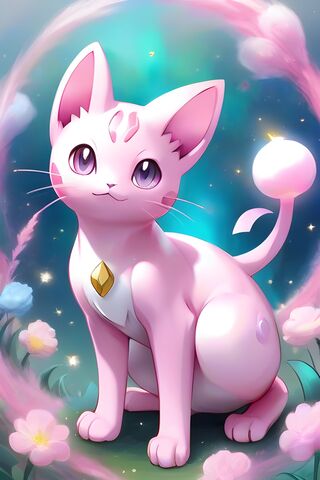 Mew Like Cat Pokemon In Meow Style. Clear Background.