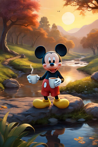 Mickey Mouse Drinking Coffee Near Stream Sunset