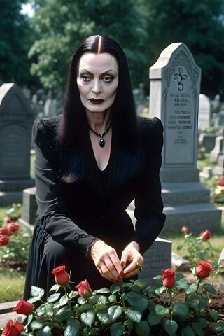 Morticia Addams Planting Roses
