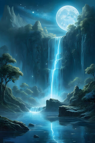 Mystical Waterfalls In Moonlight