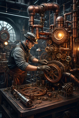 Middle Aged Man Working At Steampunk Factory