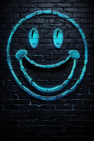 Neon Grafitti Of A Smiley Face On A Black Brick Wall