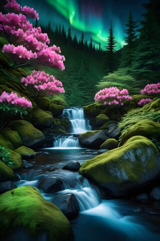 Northern Lights Over Waterfall