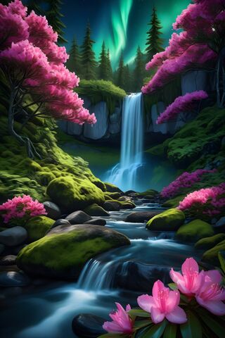 Northern Lights Over Waterfall