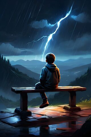 Night, Raining, Mountain,boy