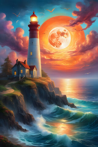Ocean, Lighthouse, Celestial, Mystical, Vivid Sunset, Full Moon
