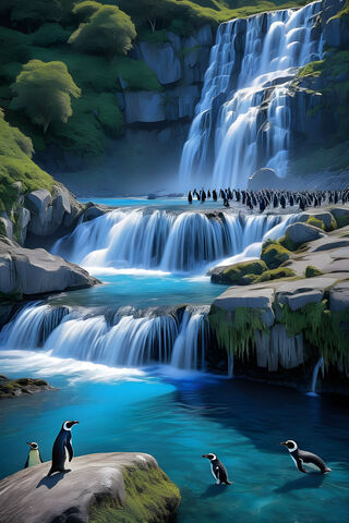 Majestic Penguins by the Waterfall 🌊🐧