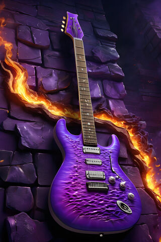 Purple Electric Guitar With Flames Pouring Out Of A Purple Brick Wall