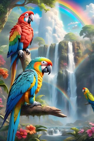 Parrot Couple Perched By Rainbow Lake